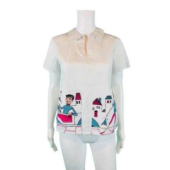 Vintage 60s Novelty Blouse Womens Small Printed Dream Pockets Girl Shirts - Picture 1 of 10